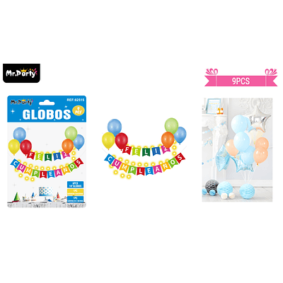 Set de globos látex y guirnalda multicolor con luz 9pcs