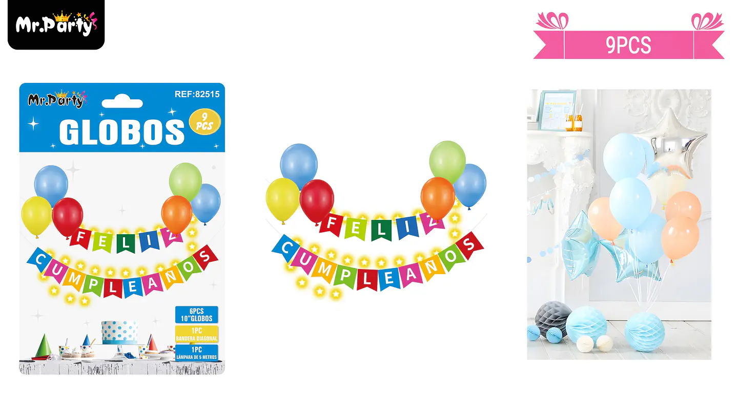 Set de globos látex y guirnalda multicolor con luz 9pcs 1