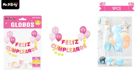 Set de globos látex y guirnalda rosado con luz 9pcs