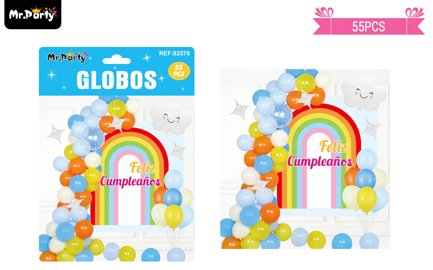 Set de globos látex con fondo de arcoiris 55pcs 1