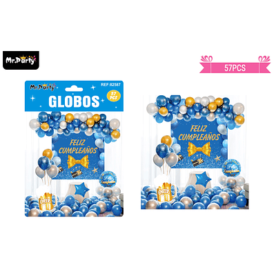 Set de globos látex azul y plateado con fondo 57pcs