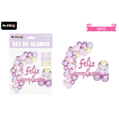 Arco de globos látex feliz cumpleaños con unicornio 54pcs