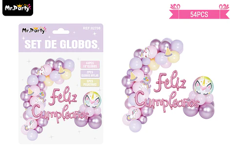Arco de globos látex feliz cumpleaños con unicornio 54pcs