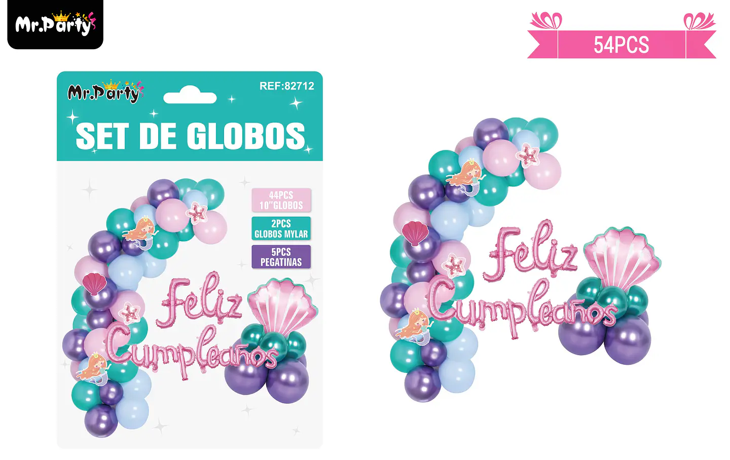 Arco de globos látex feliz cumpleaños con sirena 54pcs 1