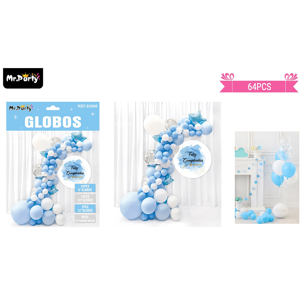 Arco de globos látex azul con estrella 64pcs