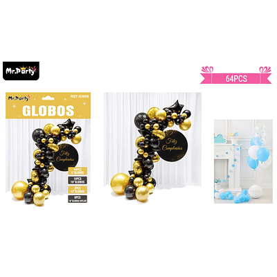 Arco de globos látex negro y dorado 64pcs