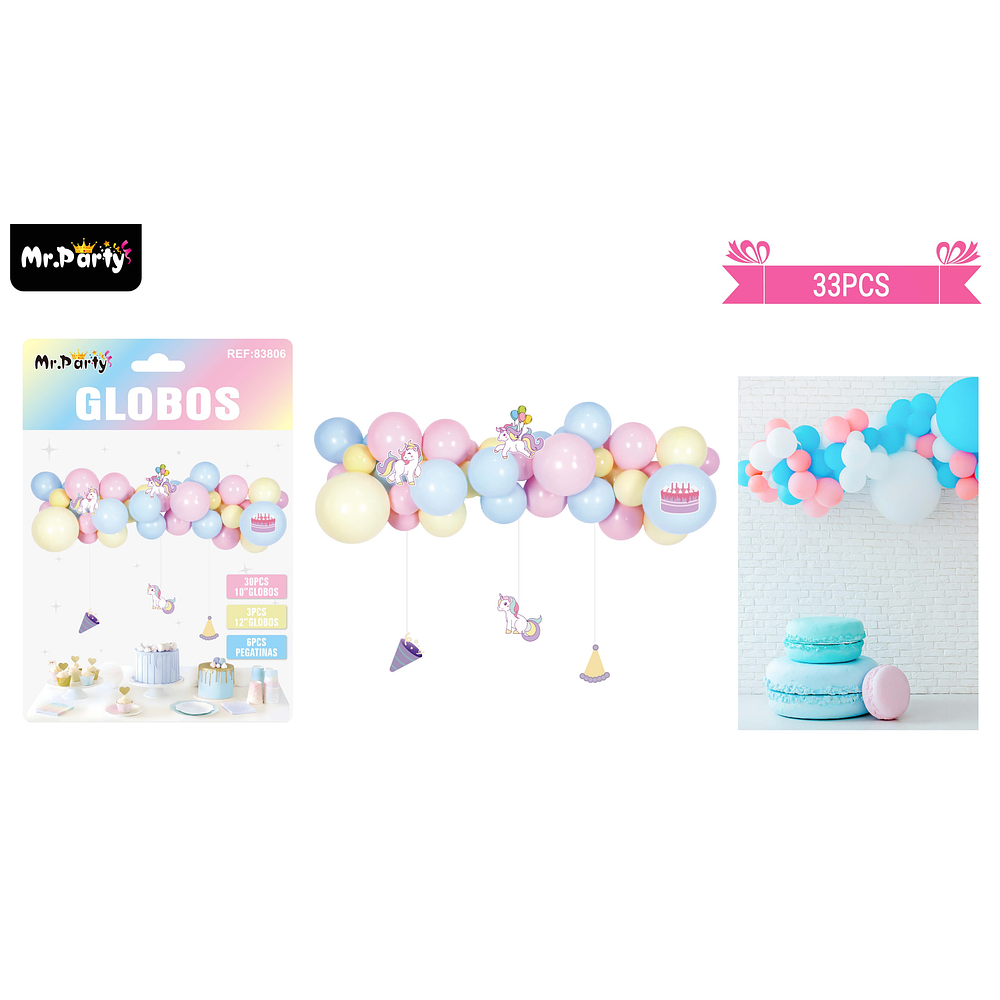 Set de globos látex con pegatinas de unicornio 32pcs