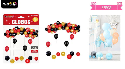 Set de globos látex rojo, dorado y negro 52pcs