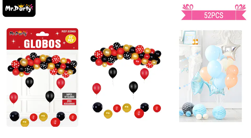 Set de globos látex rojo, dorado y negro 52pcs 1