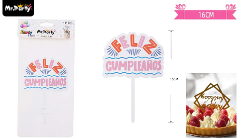 Topper acrílico feliz cumpleaños 16cm 1pcs