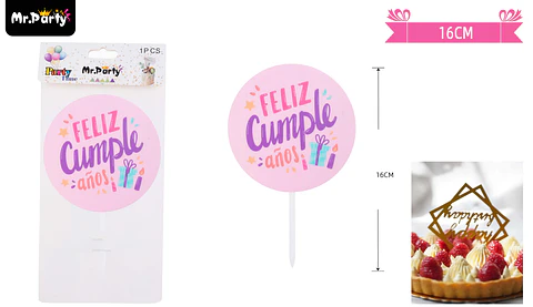 Topper redondo acrílico feliz cumpleaños 16cm 1pcs