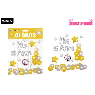 Set de globos látex mis 15 años dorado y plateado 45pcs