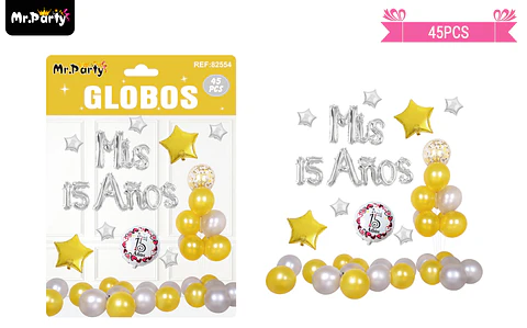 Set de globos látex mis 15 años dorado y plateado 45pcs