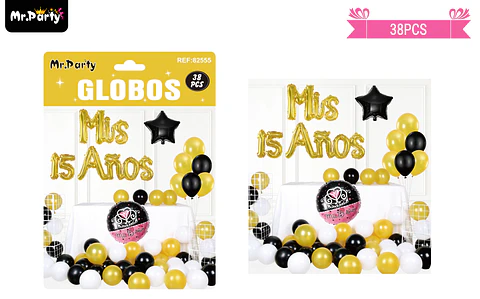 Set de globos látex mis 15 años dorado y negro 38pcs