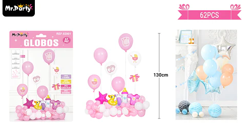 Set de globos látex baby shower rosado 62pcs