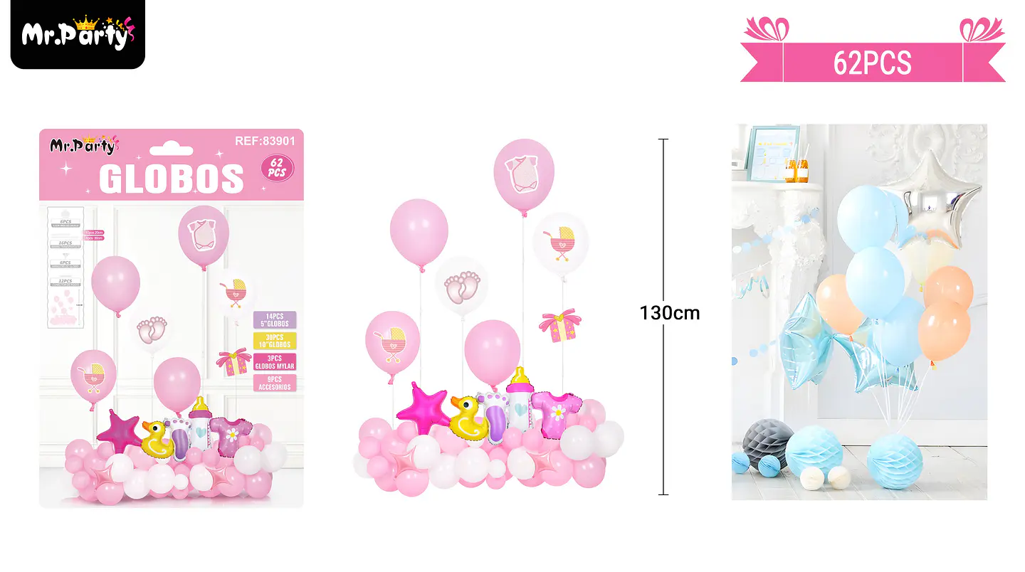 Set de globos látex baby shower rosado 62pcs 1