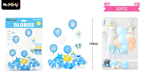 Set de globos látex baby shower azul 62pcs