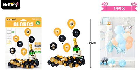 Set de globos látex con botella de champagne 69pcs