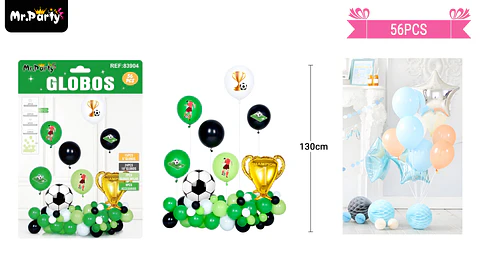 Set de globos látex con fútbol y trofeo 56pcs