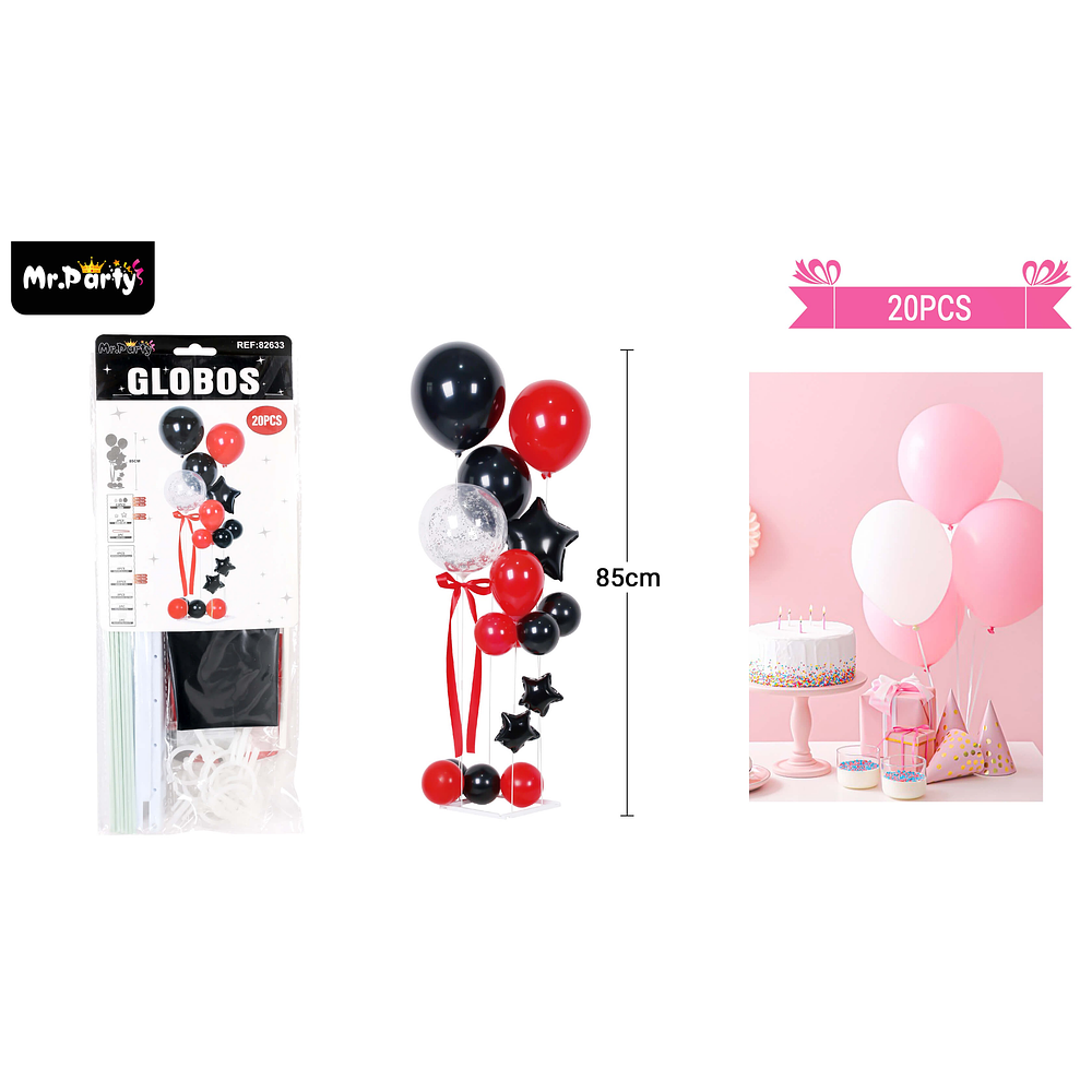 Set de globos con base negro y rojo 20pcs