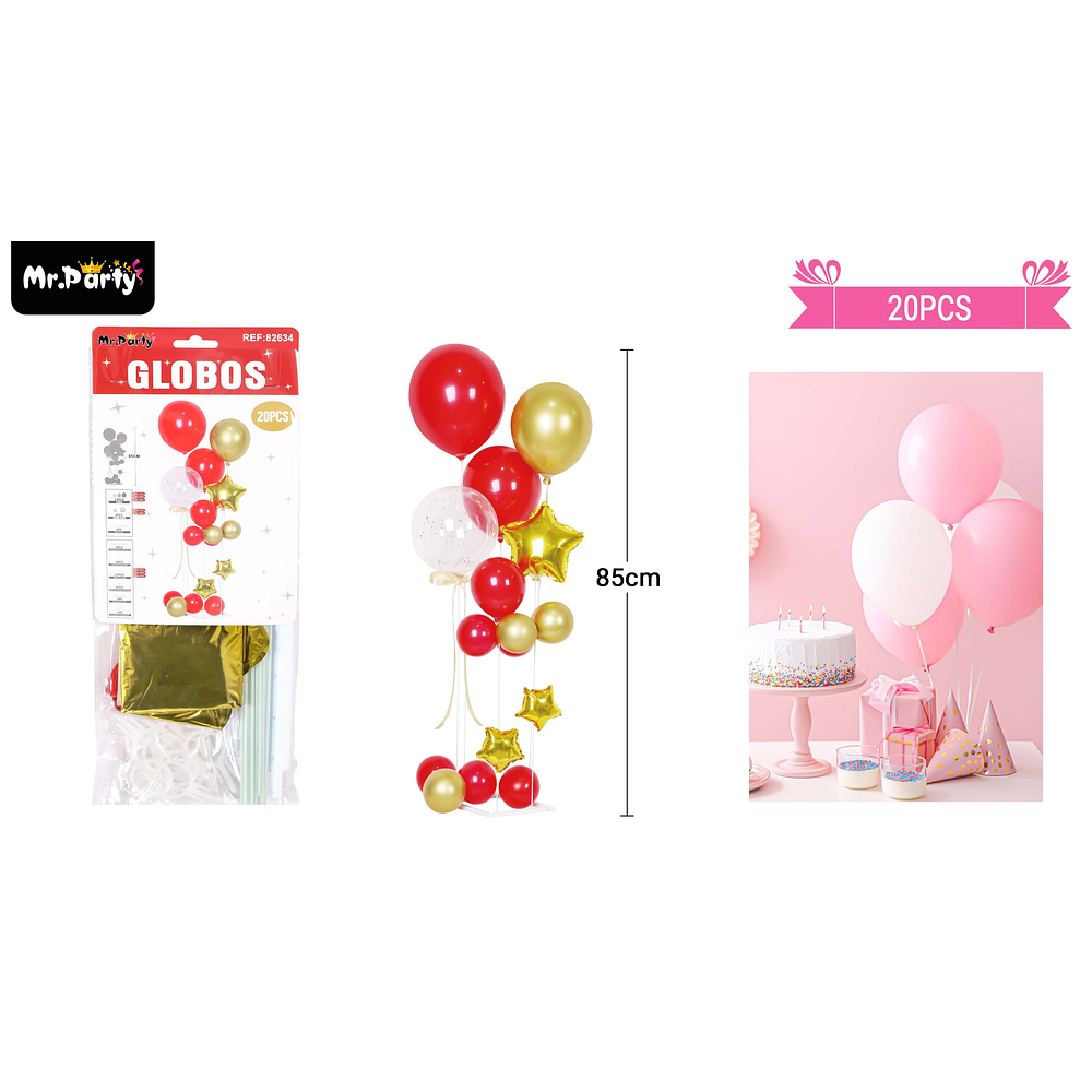 Set de globos con base dorado y rojo 20pcs