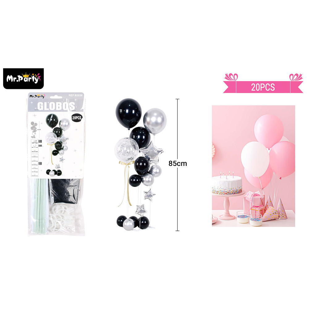 Set de globos con base negro y plateado 20pcs