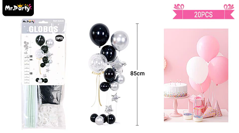 Set de globos con base negro y plateado 20pcs