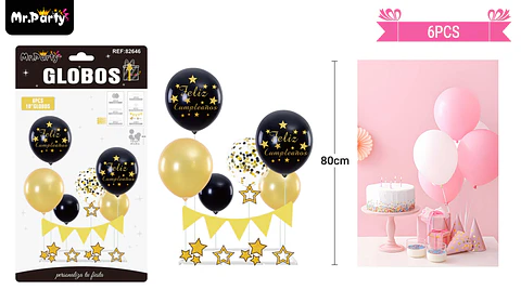 Set de globos con base y guirnalda negro y dorado 6pcs