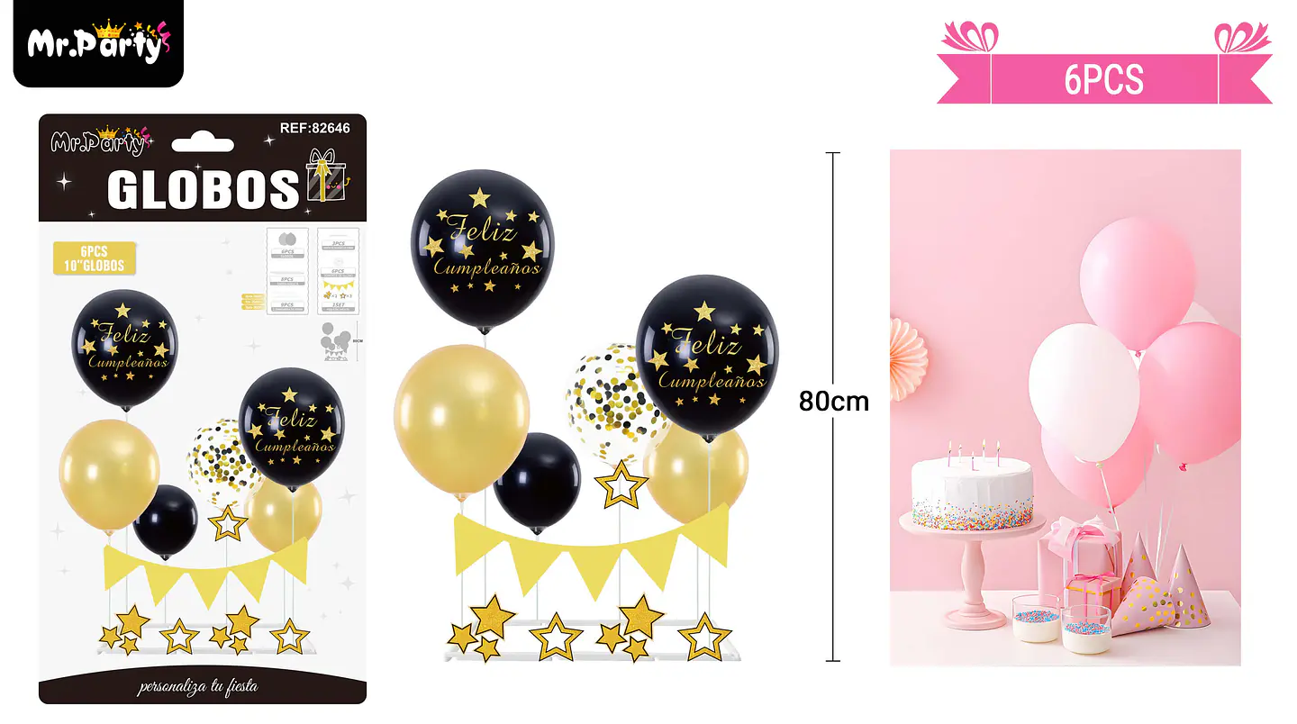 Set de globos con base y guirnalda negro y dorado 6pcs 1