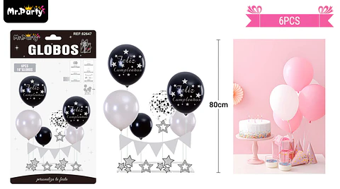 Set de globos con base y guirnalda negro y plateado 6pcs