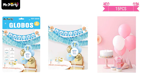 Set de globos con base y guirnalda baby shower celeste 15pcs