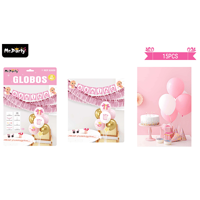 Set de globos con base y guirnalda baby shower rosado 15pcs