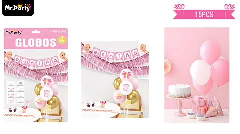 Set de globos con base y guirnalda baby shower rosado 15pcs