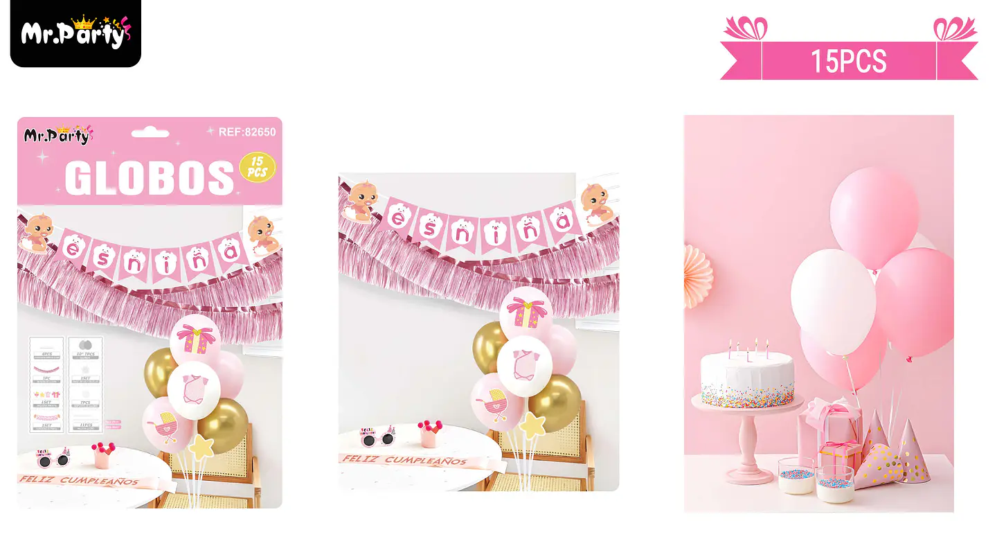 Set de globos con base y guirnalda baby shower rosado 15pcs 1