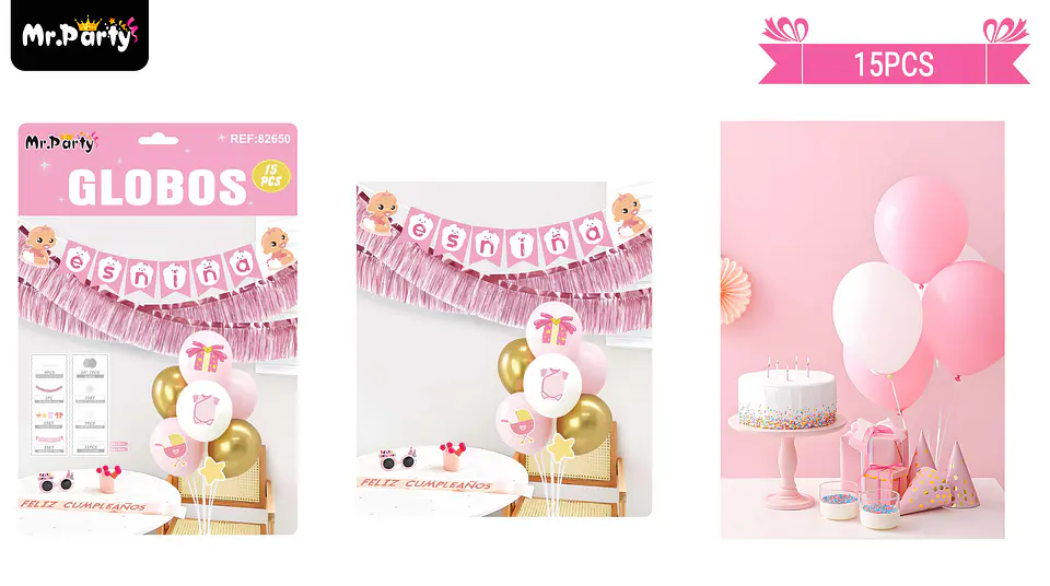 Set de globos con base y guirnalda baby shower rosado 15pcs 1