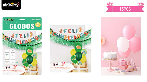 Set de globos con base y guirnalda dinosaurio 15pcs