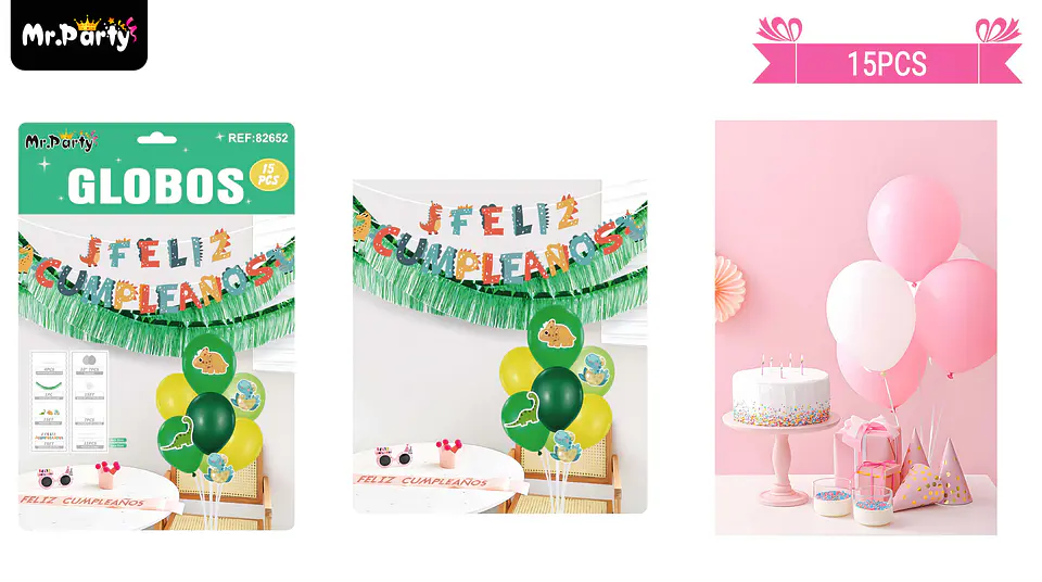 Set de globos con base y guirnalda dinosaurio 15pcs 1