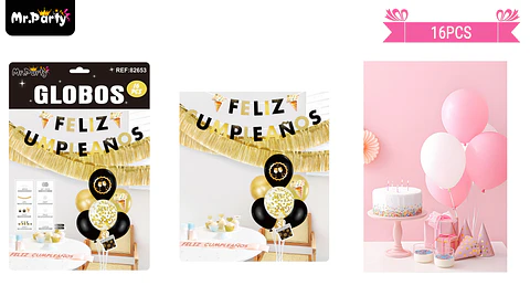 Set de globos con base y guirnalda negro y dorado 16pcs