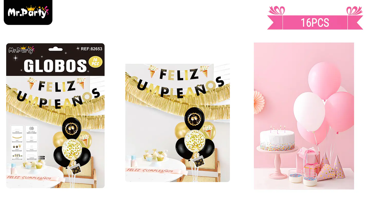 Set de globos con base y guirnalda negro y dorado 16pcs 1