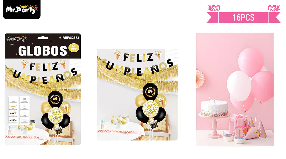 Set de globos con base y guirnalda negro y dorado 16pcs 1