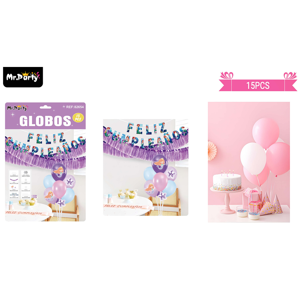 Set de globos con base y guirnalda sirena 15pcs