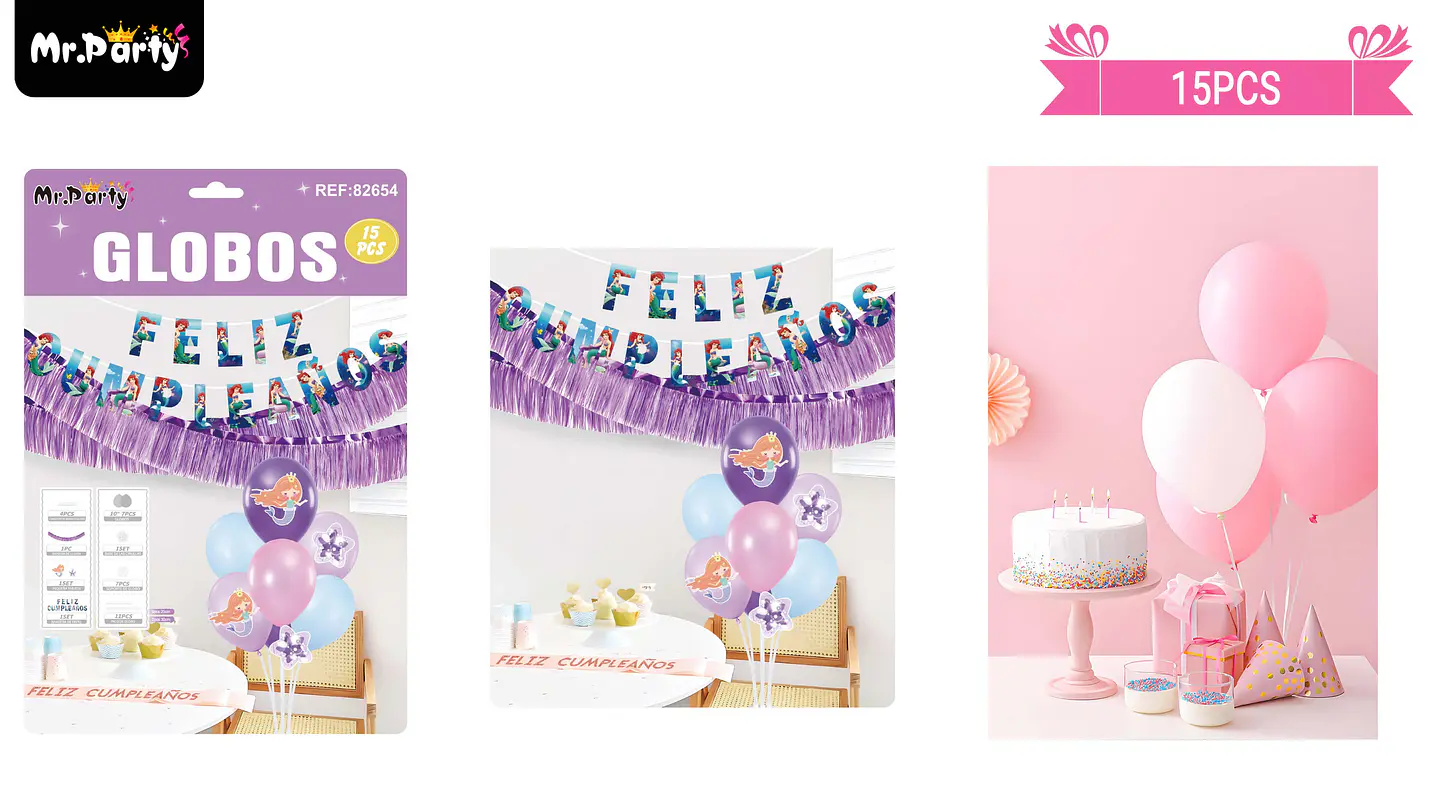 Set de globos con base y guirnalda sirena 15pcs 1