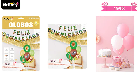 Set de globos con base y guirnalda animales 15pcs