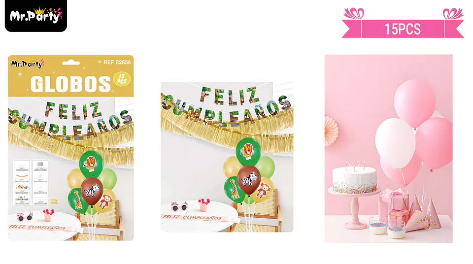 Set de globos con base y guirnalda animales 15pcs 1