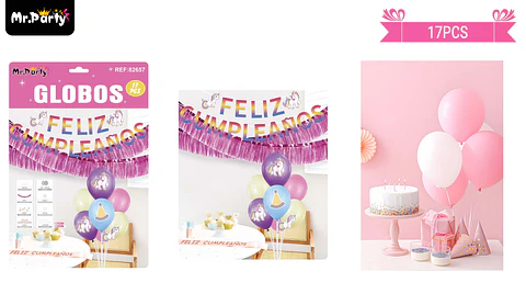 Set de globos con base y guirnalda unicornio 17pcs
