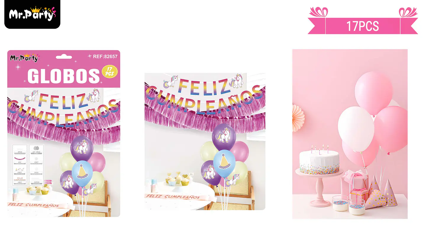 Set de globos con base y guirnalda unicornio 17pcs 1