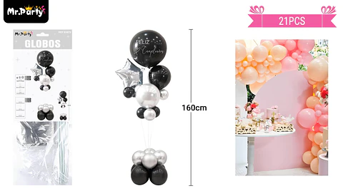 Set de globos con base negro y plateado 21pcs