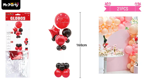 Set de globos con base negro y rojo 21pcs