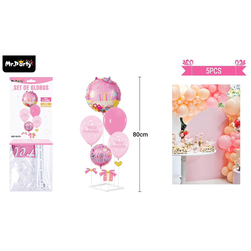 Set de globos con base rosado 5pcs