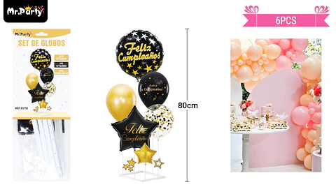 Set de globos con base dorado y negro 6pcs